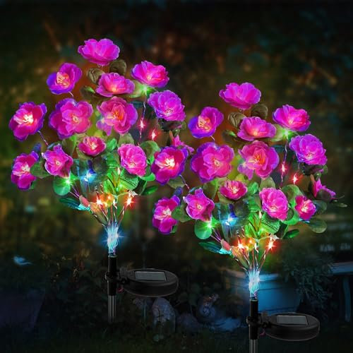 Joyoldelf Solar Lights Outdoor Garden - 2 Pack Rhododendron Solar Garden Lights, Gardens Light Ornaments with 21 Rhododendron Flowers, Waterproof Solar Flower Lights for Pathway Party Wedding