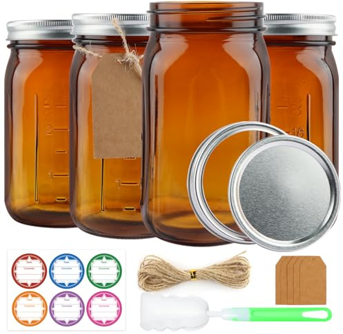 CARBLIN 4 Pack Mason Jars 32 oz, Amber Wide Mouth Canning Jars with Airtight Lids, Glass Pint Jars with Bands Labels Brush, Large Storage Quart Jars for Jam Fermenting Preserving