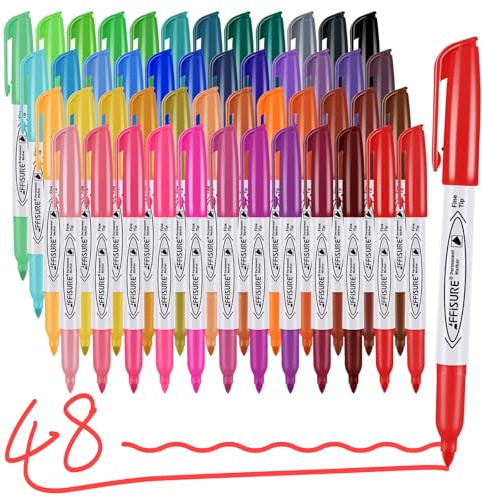 Affisure 48 Colors Permanent Markers, Assorted Colors Vibrant Markers, Fine Point，Works on Wood, Plastic, Metal, and More, for Adults, Artist, Teacher, Kids, 48 Pack