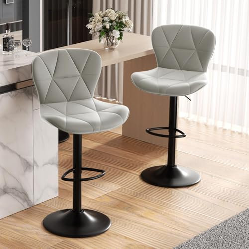 Hawthyhome Barhocker 2er Set |Barstuhl Höhenverstellbar mit Rückenlehne, Höhenverstellbar, 360° Drehbar, Kunstleder, für Esszimmer Heimbar Kücheninsel, 2 x Hocker, Hellgrau