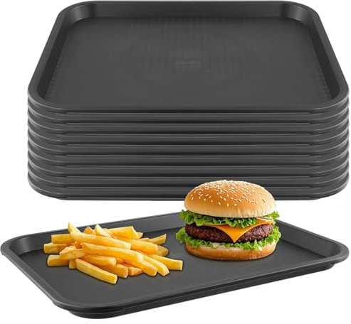 SINJEUN Lot de 10 plateaux de service rectangulaires en plastique - 35 x 27 x 2,3 cm - Noir - Pour restaurant, cuisine
