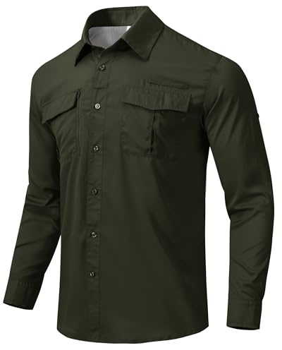 MoFiz Camisa Deportiva de Manga Larga para Hombre Camisa Ligera de Pesca Senderismo Protección UV para Exteriores Funcional Camisa Transpirable de Secado Rápido Verde Oliva EU L
