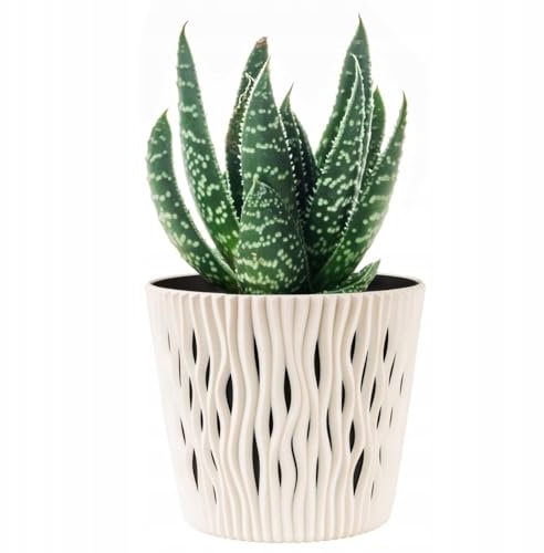 B2C Indoor Plant Pots with Insert Plastic Flowerpot Small Large Planter Home Decor Wavy Grooves Texture Removable insert (Cream, 13cm)