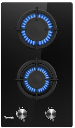 Topwish cocina de gas butano 2 fuegos, cocina de gas dos fuegos, placa de cocina encastrable 30cm con rojo mando giratorio iluminado, NG/LPG convertible, protección contra apagado de llama, 4750W