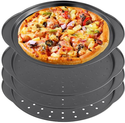 KEILEOHO 4 stycken pizzaplåt runda 32 cm, pizzaform med hål och handtag, perforerad pizzapanna av kolstål, pizzapanna för bakning