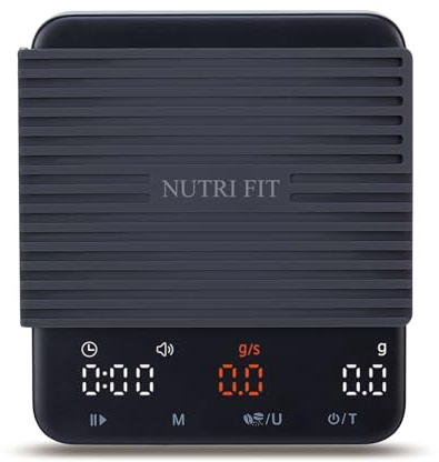 NUTRI FIT Mini báscula de café con temporizador, báscula de cocina recargable USB-C, báscula portátil de espresso con pantalla LED, tamaño del producto: 11,5 x 10 cm, 2 kg/0,1 g, color negro