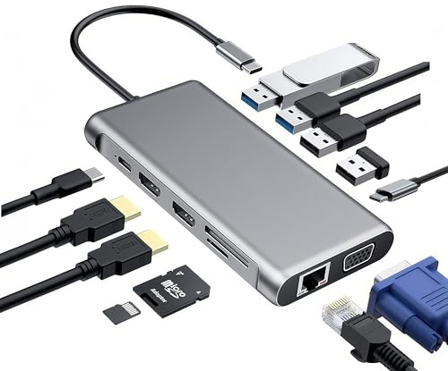 Station d'accueil USB C 12 en 1 avec double HDMI, 4K @ 60 Hz, Gigabit Ethernet, 100 W PD, USB 3.0/2.0, lecteur de carte SD/TF - pour ordinateurs portables avec port de type C