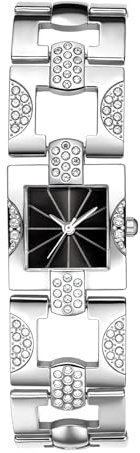 JewelryWe Damklocka små fyrkantiga klockor: Glitter strass analog kvarts armbandsur damer silver metallarmband kristaller klocka med svart fyrkantig urtavla – elegant lyxig present till kvinnor