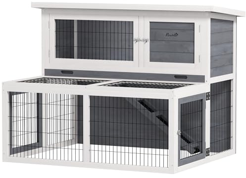 PawHut Conigliera da Esterno e Interno a 2 Livelli, Gabbia per Conigli con Cassetta per 2-3 Conigli, Vassoio Rimovibile, Area Aperta e Tetto Sollevabile, in Legno di Abete, 122x95x93.5 cm, Grigio