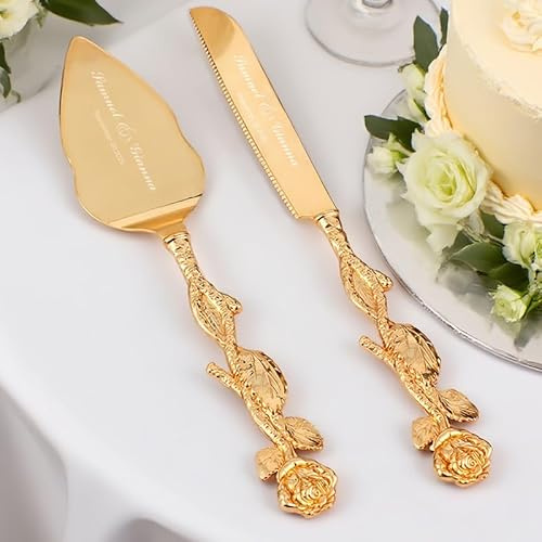 toyofmine Set di coltelli e posate per torta nuziale personalizzati, set per taglio torta con manico in rosa vintage dorato per matrimonio
