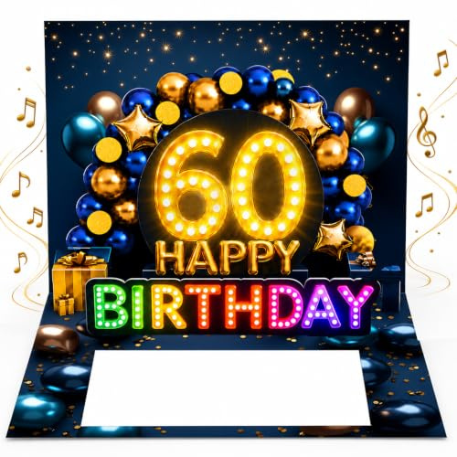 Joli Coon Tarjeta de cumpleaños 60 para hombre, música y luz, pop-up 3D | Mecanismo pop-up, acabado dorado, sobre a juego, pegatina de sello, espacio para felicitaciones personales