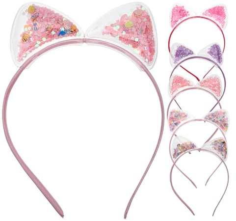 ELAYARD Diadema para Niñas Orejas de Gato, 6 Piezas, Diseño Transparente de Pvc Lentejuelas, Colores Variados (flores Rosa, Flores Morado, Corazones Rosa, Estrellas Caladas y Multicolor),