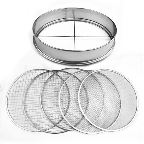 QOXEZY Colador de tierra para macetas y abono de acero inoxidable para bonsái, hierbas y huertos, juego de malla de 5 piezas (3-12 mm), diseño circular, mango ergonómico, apilable