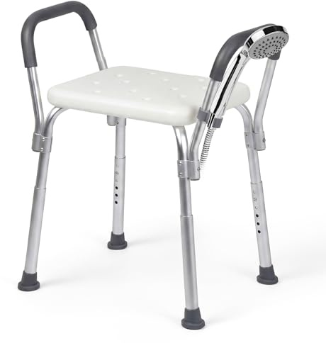 LEVEDE Shower Chair, Height Adjustable Shower Stool with Arms, Non Slip Bath Seat with Shower Head Holder, Rust Free Aluminium Frame Shower Seat for Elderly & Disabled, 150KG Capacity, White