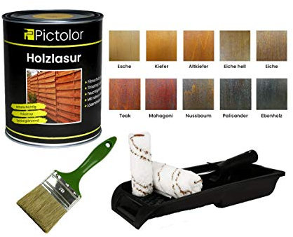 Pictolor Holzlasur 0,75 Liter Nussbaum + Lasurpinsel 70mm + Walzenset
