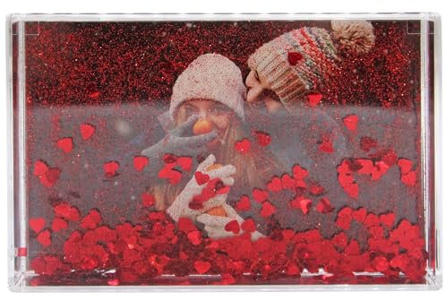 Glitter Photo Frame, Acrylic Picture Frame holds 10 x 15 cm (4 x 6 inch) Clear Frameless Desktop Photo Block with Glitter Hearts (Red) - Ideal Personalised Gifts, Father's Day Presents
