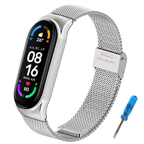 BDIG Kompatibel für Xiaomi Mi Band 5 Armband MiBand 6, Metall MiBand 4/3 Ersatzarmband Wasserdicht Edelstahl Replacement Wrist Strap Zubehör Uhrenarmband für Xiaomi Mi Smart Band 6/5, Silber