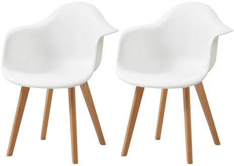 GrandCA HOME 2er Set Esszimmerstühle, Wohnzimmerstühle mit Armlehne und Massivholzbeinen(2 Stuhl-Weiß)