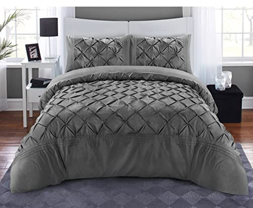 MK Home Textile Pintuck Charcoal Duvet Cover Set 3 Pieces Pinch Pleat Microfiber Grey Bedding Covers Hotel Quality Quilt Bed Sets with Pillowcases Double King Super King Size