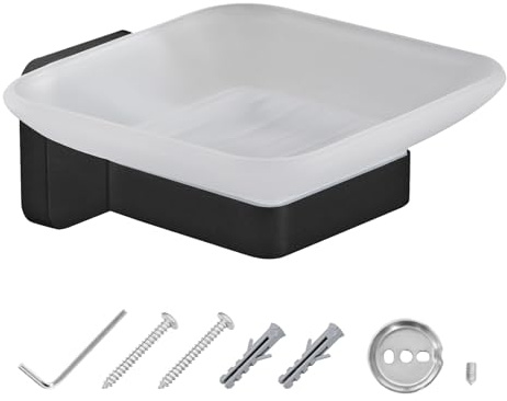 JASSFERRY Soap Dish Holder for Shower Black Wall Mounted Square Soap Tray Frosted Glass Soap Saver Razor and Sponge Holder for Bathroom, Kitchen, Countertop