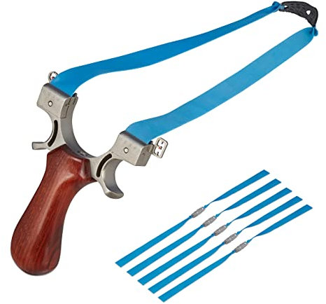 Relaxdays Steinschleuder, mit 5 Ersatzgummis, Profi Schleuder ab 18, Stahl, Holz, Sportschleuder mit Zielpunkten, bunt