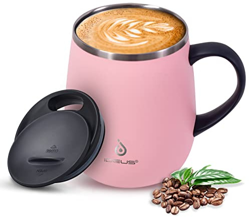 Ideus Coffee Mug 470ml (16oz), Double Wall Vacuum Insulated Stainless Steel Coffee & Tea Cup w/Non-Slip Handle & Slider Module Lid & Large Volume (Sakura)