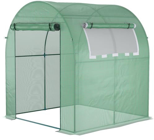Outsunny Walk in Polytunnel Greenhouse, Tomato Greenhouse with Roll-up Window and Door, PE Cover, Steel Frame for Garden, 1.8 x 1.8 x 2 m, Green