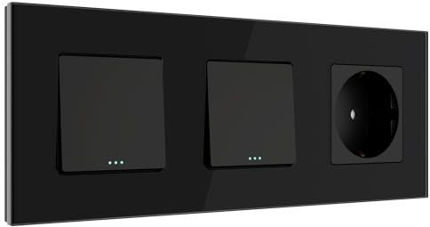 PULSAR Wechselschalter/Kreuzschalter/Steckdose Unterputz 3 Fach Glas Schwarz, Lichtschalter Doppelt mit Steckdose 10A/16A 250V