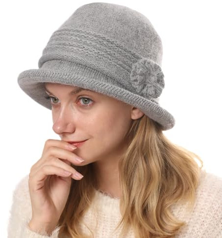 Cysocool Damen Eleganter Winter Glockenhut Wolle Wintermütze Warme Strickmütze mit Blumen Frauen Cloche Hüte Retro Fischermütze Bowler Hut Winterhut