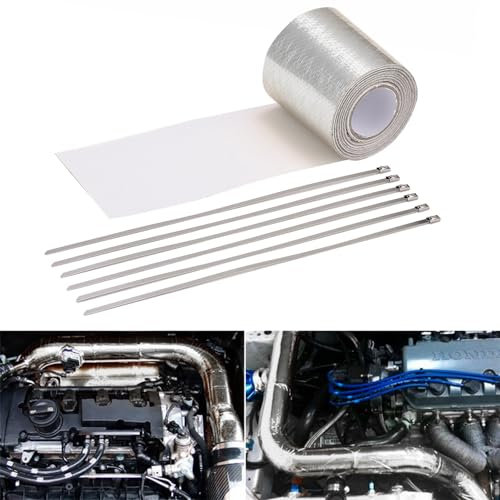 Blueshyhall Hitzeschutzband Auspuff, 5M x 5cm Auspuffband Hitzebeständig Widersteht bis zu 450 Grad Celsius, Auspuffband Selbstklebend mit 6 Kabelbinder für Auto Motorrad Krümmer (Silber)