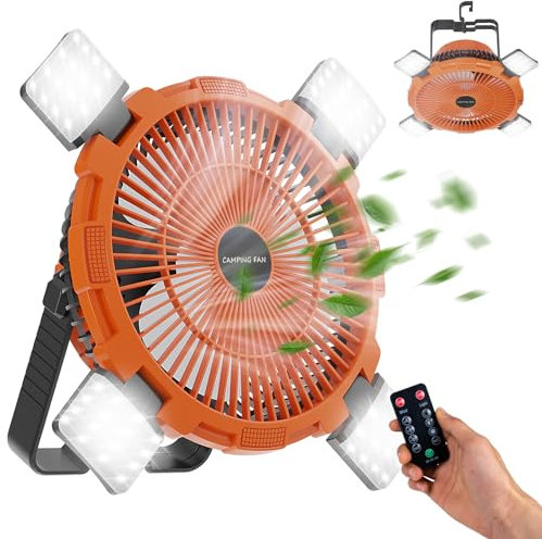 Qoosea Ventilateur de Camping 3 en 1 Tente Ventilateur de Camping Ventilateur USB 8000mah Ventilateur de Plafond de Tente Rechargeable Ventilateur de Bureau avec Crochet de Lumière LED Télécommande