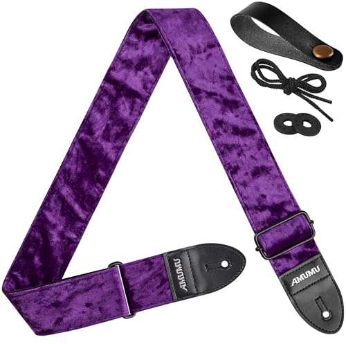 Amumu Flocked Velvet Guitar Strap with Microfiber Leather Ends - Guitar Accessories - Fits Acoustic, Bass, Electric Guitar, Purple