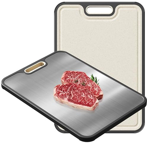 CPOTAM Cutting Board for Kitchen Double Sided 304 Stainless Steel Food-Grade Wheat Straw Chopping Boards, Non Toxic Chopping Board for Meat and Vegetables, Dishwasher Safe