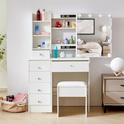 LIANWANG Toeletta Trucco con Luci e Specchio, Toeletta da Trucco con 6 Cassetti, 4 Ripiania, 1 Sgabello per Bambina, Luminosità Regolabile e 3 Temperature di Colore, 36 x 80 x 131 cm
