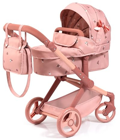 Bayer Xeo 2-in-1 Doll Pram & Convertible Pushchair, Adjustable Handle, Coral Pink Floral, 18 Inch Dolls