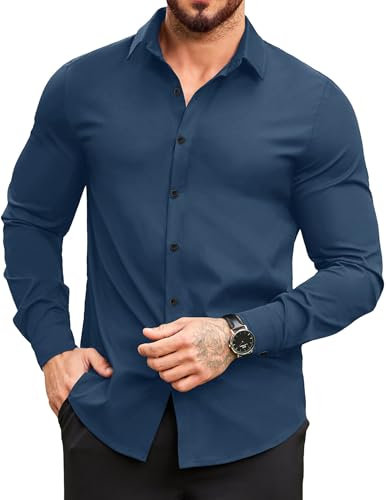 COOFANDY Mens Shirts Long Sleeve Dress Regular Fit Casual Business Non Iron Plain Button Down Tuxedo Shirts Men Dark Blue S