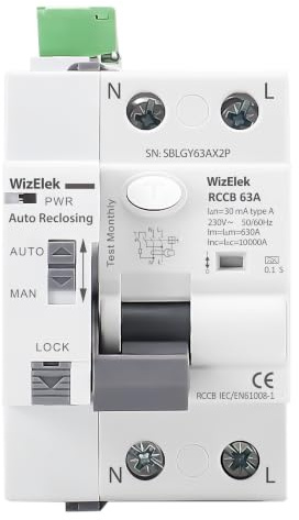 Smart-Home Interruptor Diferencial con Rearme Automático 2P monofásico 63A 30mA Tipo A & AC – 10kA – Auto/Manual/Bloqueo – 3 módulos – RCCB según EN 61008-1