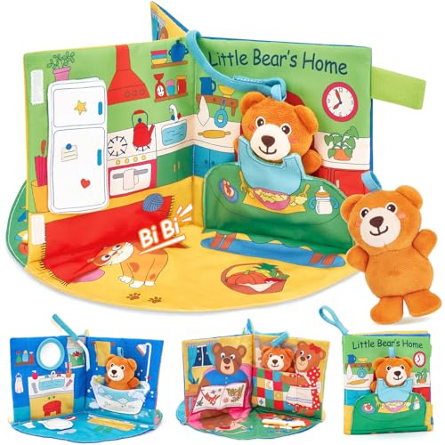 hahaland 3D Stoffbuch Baby Spielzeug ab 6 Monate, Mit interaktivem Plüschbär, Weich Buch mit Farben Texturen Knisterbuch, Fühlbuch Baby Spielzeug 1 Jahr für Unterwegs, Baby Geschenk Junge Mädchen