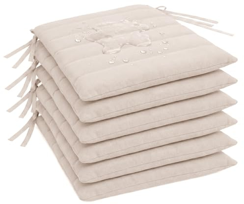 Pack 6 Cojín para silla 42x40x4 cm｜Repelente al agua y fácil de limpiar｜Con cintas de sujeción｜Funda con cremallera desmontable｜Uso interior y exterior｜Ideal para comedor, terraza, jardín u oficina