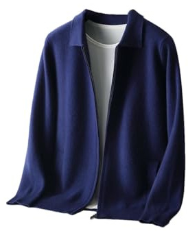 Men's 100 Percent Cashmere Zipper Sweaterloose Long Sleeved Business Casual Cardigans Dark Blue L