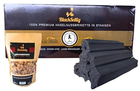 BlackSellig Beach Kokos - Bricchette da barbecue XXL, in puro cocco, ecologiche, per affumicatura, durata extra lunga, bastoncini da spiaggia (8 kg di nocciola + chip per affumicatori)