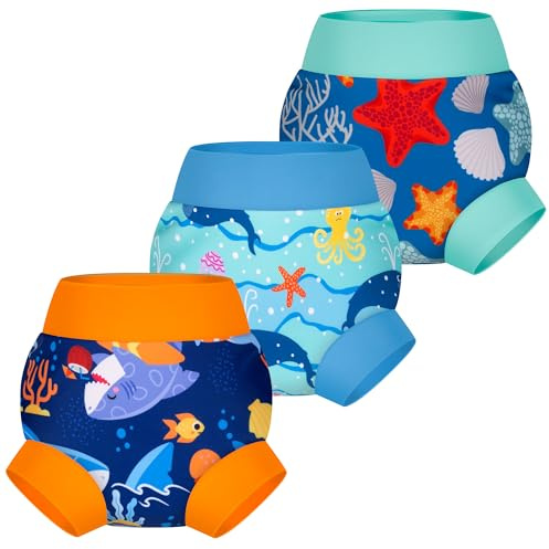 BIG ELEPHANT Baby Swim Diapers 3-Pack – Reusable Waterproof Swim Pants for Boys and Girls, Soft Breathable Swimwear for Pool