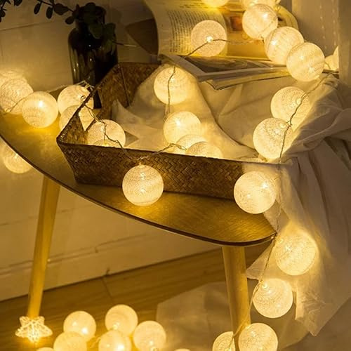Indoor LED-strängljus i bomull - 3,3 m - 20 kulor - Bohème-stil - För balkong, barnrum, jul, bröllop, fest - Vit