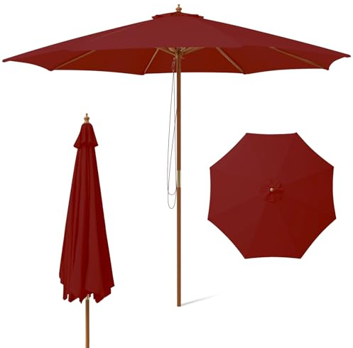 KOMFOTTEU Ombrellone da Giardino 3 x 3 m, Ombrellone da Balcone Pieghevole, Parasole da Spiaggia Antivento in Tessuto di Poliestere con Costole, Ombrellon senza Base per Cortile (Bordeaux)