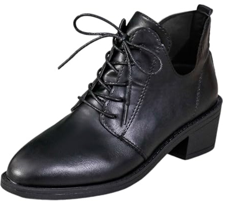 Mujer Casual Color sólido Simple Retro con cordones Tacón alto Tacón fino Zapato de punta de gran tamaño Botas Botines Botas cortas, Negro , 41 EU