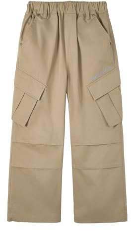Rolanko Pantaloni Cargo per Ragazzi, Vita Elastica Pantaloni da Jogging Chino a Gamba Dritta in Cotone con Multitasche per Bambini 7-15 Anni, Kaki, 160, 12-13 Anni