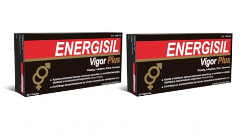 Energisil Vigor Plus 30 Cápsulas - Pack de 2 Unidades - con Ginseng, L-Arginina, Vitaminas y Zinc – Complemento Alimenticio para la Vitalidad y el Rendimiento Sexual Masculino