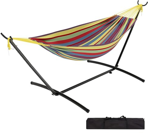 Hamac sur Pied avec Support en Fer, Tolle Hamac à Suspendre avec Support Charge 160 kg, Hamac Extérieur avec Sac de Transport Facile à Monter pour Jardin, Balcon, Voyage, Camping, 273 x 109 cm