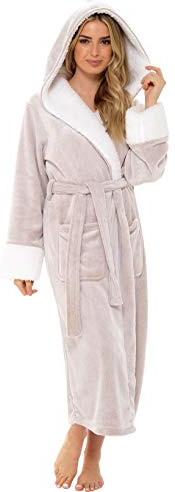 KATE MORGAN Ladies Dressing Gown Fluffy Super Soft Hooded Robe for Women Plush Fleece Perfect Loungewear Long Robes Gifts for Women Beige 12-14