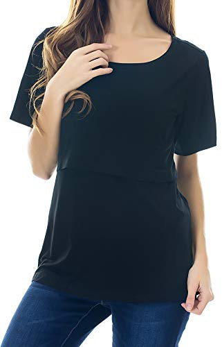 Smallshow Nursing Tops Women’s Maternity Short Sleeve Shirts Maternity Breastfeeding Clothes,Black,M